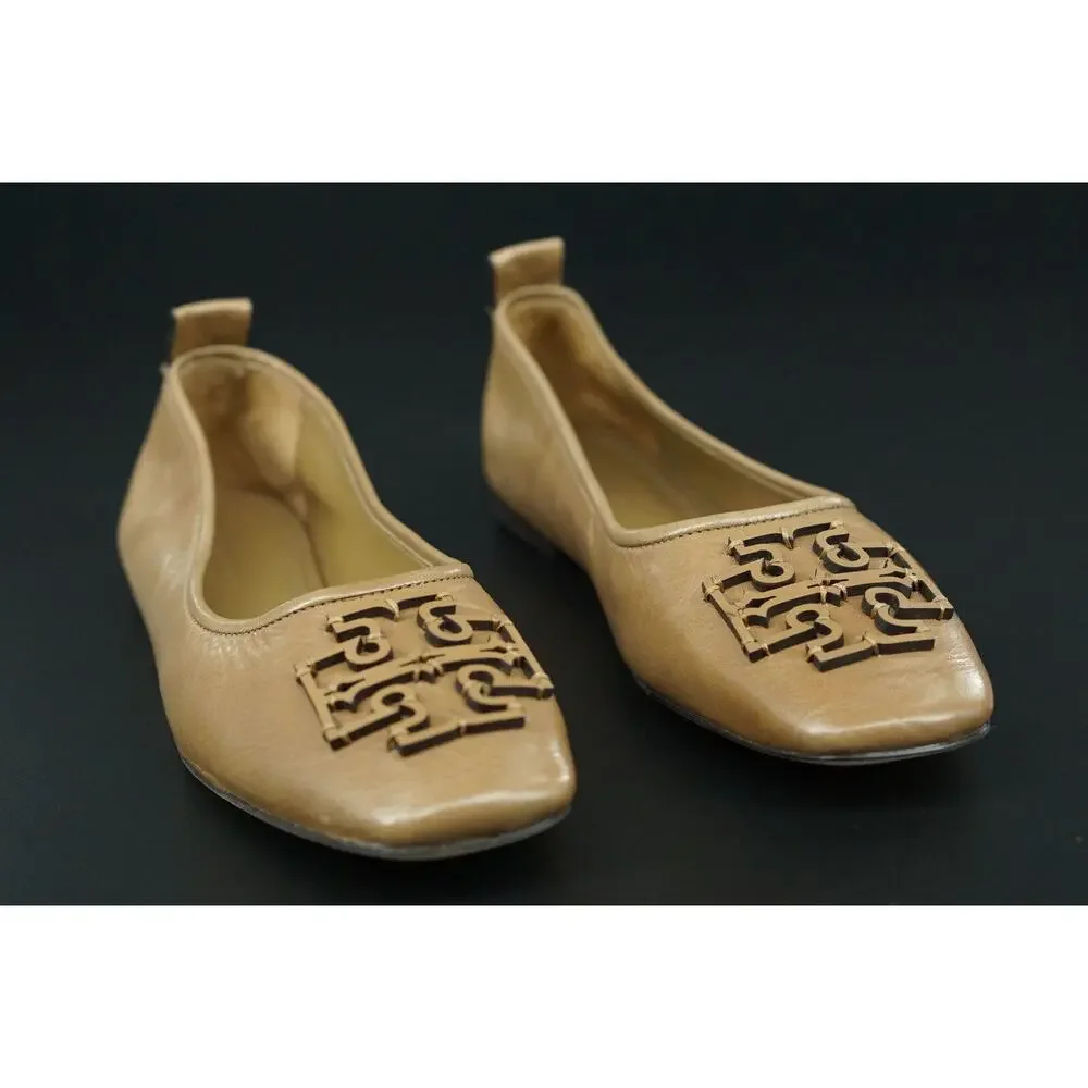 Tory Burch Ines Ballet Flat Leather Size 7.5 Square Toe Logo Tan Almond Rare